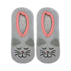 Flat lay product shot of a pair of grey fuzzy cat slipper socks with pink trim.