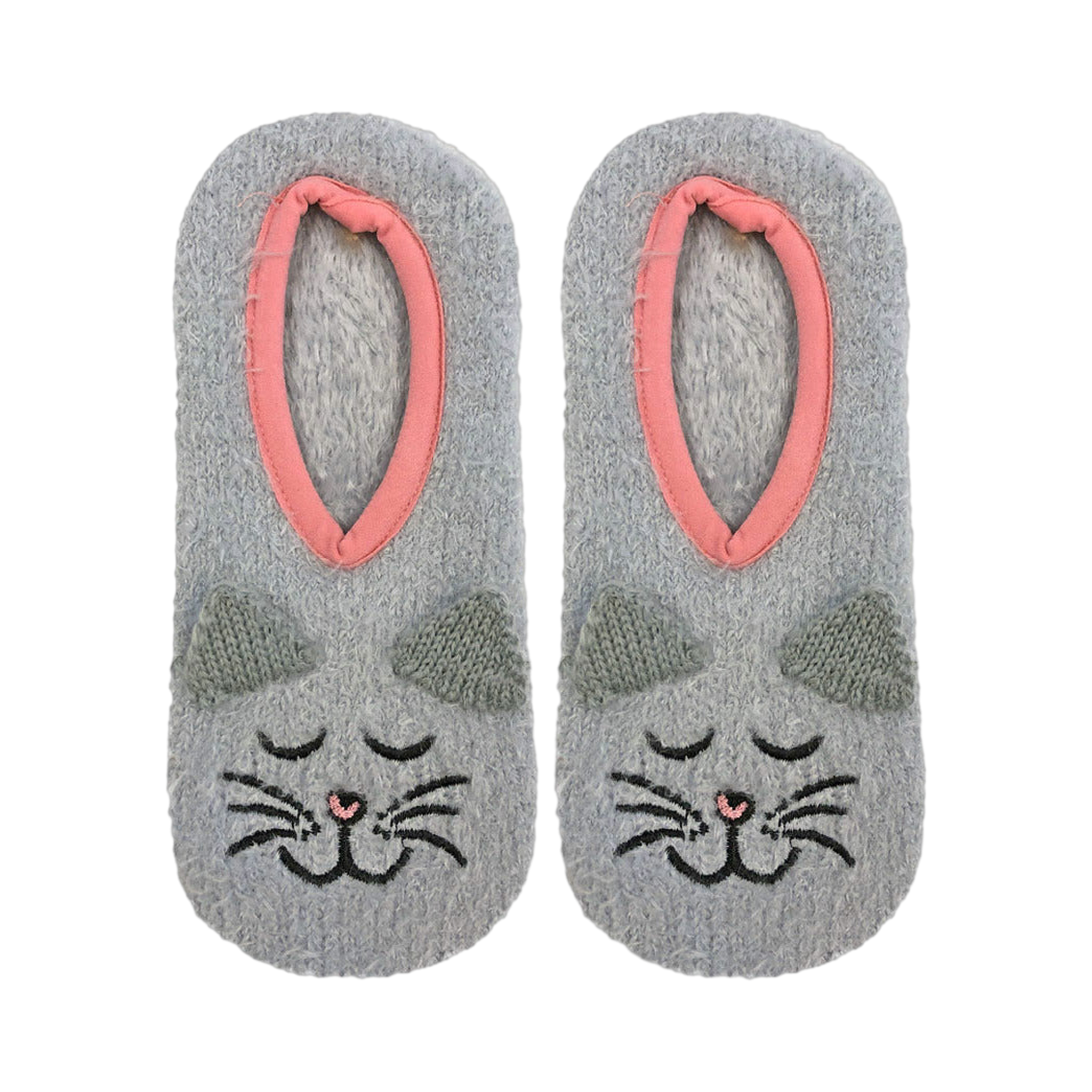 Flat lay product shot of a pair of grey fuzzy cat slipper socks with pink trim.