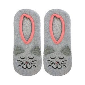 Flat lay product shot of a pair of grey fuzzy cat slipper socks with pink trim.