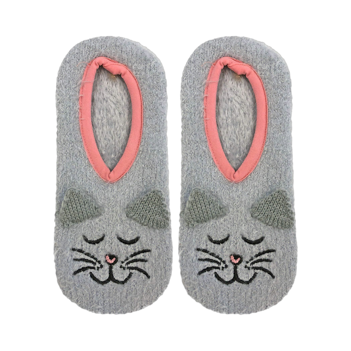 Flat lay product shot of a pair of grey fuzzy cat slipper socks with pink trim.