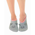 Pair of grey fuzzy slipper socks with embroidered cat faces and pink trim. Non-skid bottom. [lf]