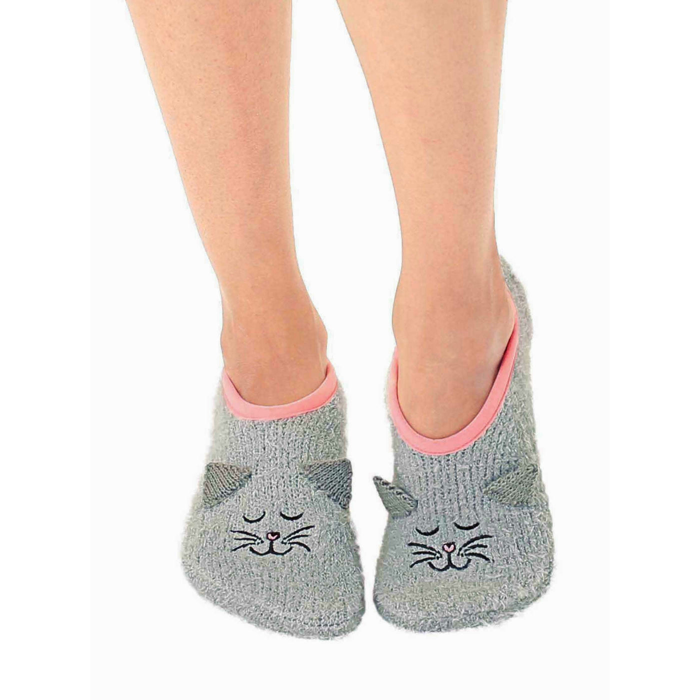 Pair of grey fuzzy slipper socks with embroidered cat faces and pink trim. Non-skid bottom. [lf]