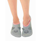 Pair of grey fuzzy slipper socks with embroidered cat faces and pink trim. Non-skid bottom. [lf]