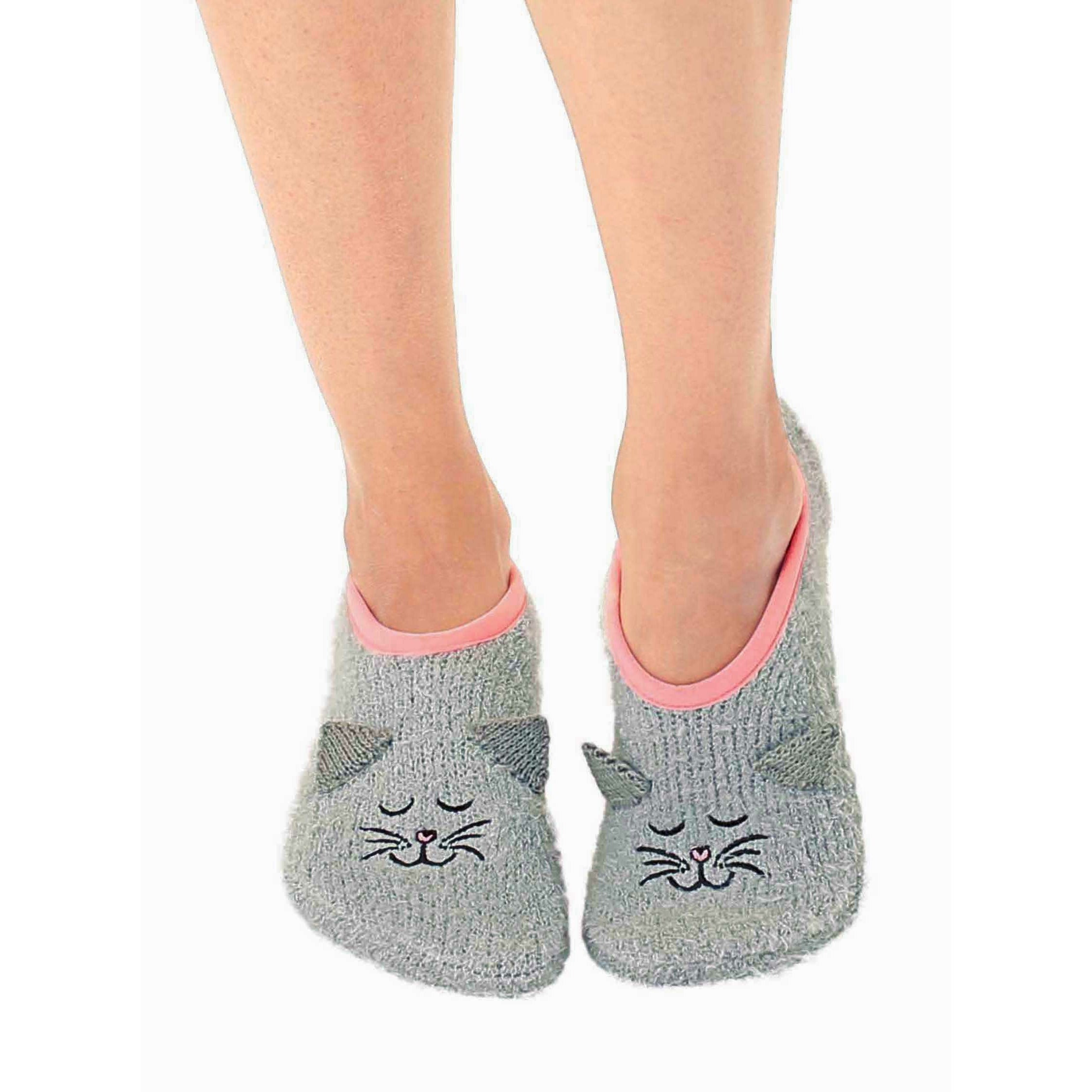 Pair of grey fuzzy slipper socks with embroidered cat faces and pink trim. Non-skid bottom. [lf]