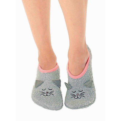 gray fuzzy cat slipper socks with non-skid sole. closed eyes, pink nose, whiskers. cozy, comfort, fun.   