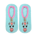 Flatlay product shot of a pair of light blue fuzzy unicorn slipper socks with pink trim and gold horn details.