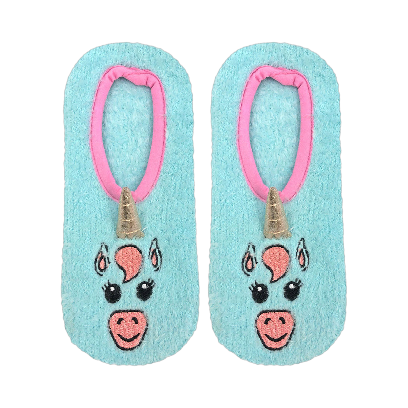 Flatlay product shot of a pair of light blue fuzzy unicorn slipper socks with pink trim and gold horn details.
