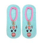 Flatlay product shot of a pair of light blue fuzzy unicorn slipper socks with pink trim and gold horn details.