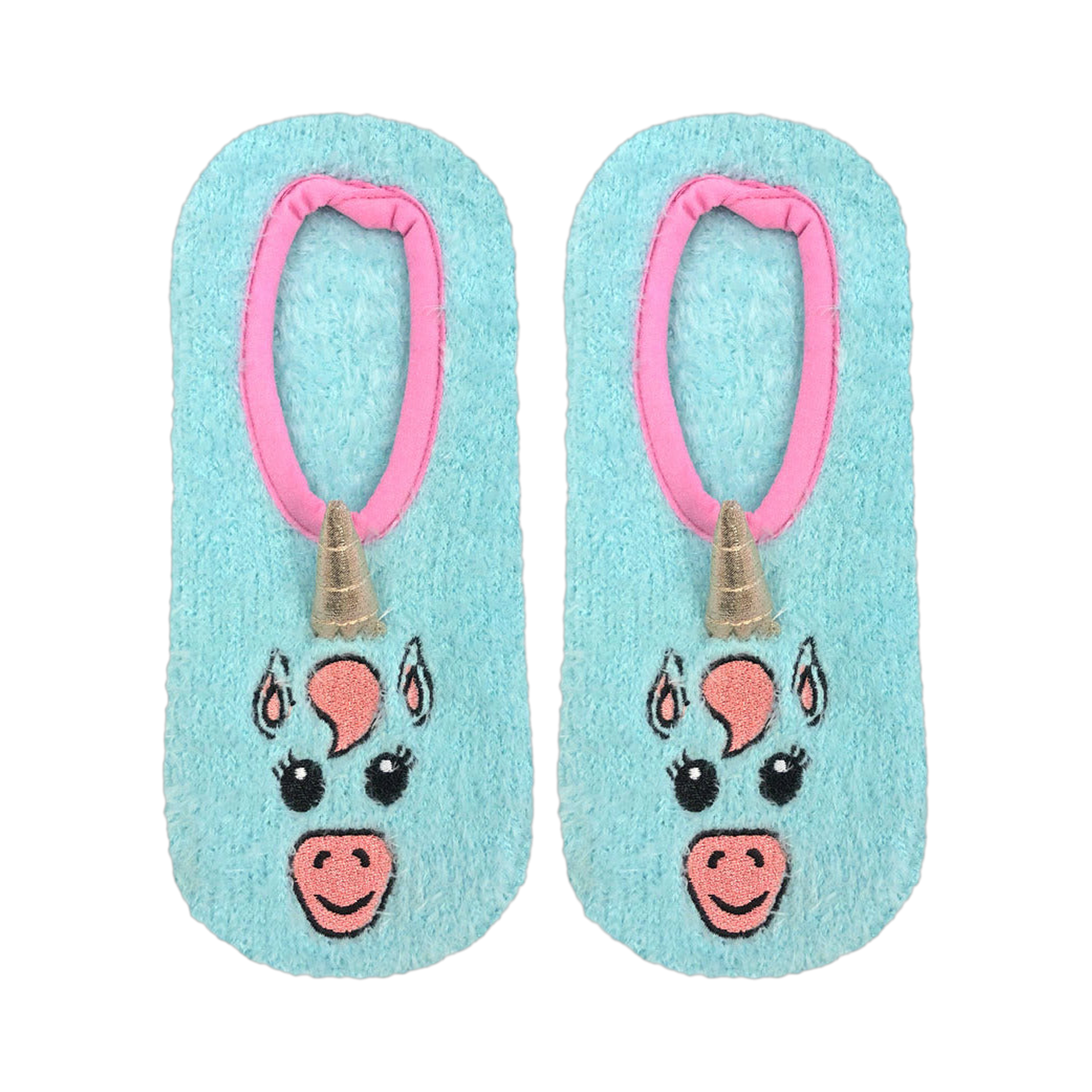Flatlay product shot of a pair of light blue fuzzy unicorn slipper socks with pink trim and gold horn details.