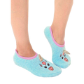 Lifestyle shot of a person wearing the light blue fuzzy unicorn slipper socks; showcasing comfort and fit. [lf]