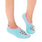 Lifestyle shot of a person wearing the light blue fuzzy unicorn slipper socks; showcasing comfort and fit. [lf]