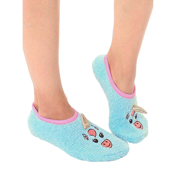 Lifestyle shot of a person wearing the light blue fuzzy unicorn slipper socks; showcasing comfort and fit. [lf]