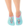 Pair of fuzzy light blue unicorn slipper socks. Pink inner trim and gold unicorn horn accents. Non-skid bottom. [lf]