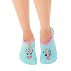 Pair of fuzzy light blue unicorn slipper socks. Pink inner trim and gold unicorn horn accents. Non-skid bottom. [lf]