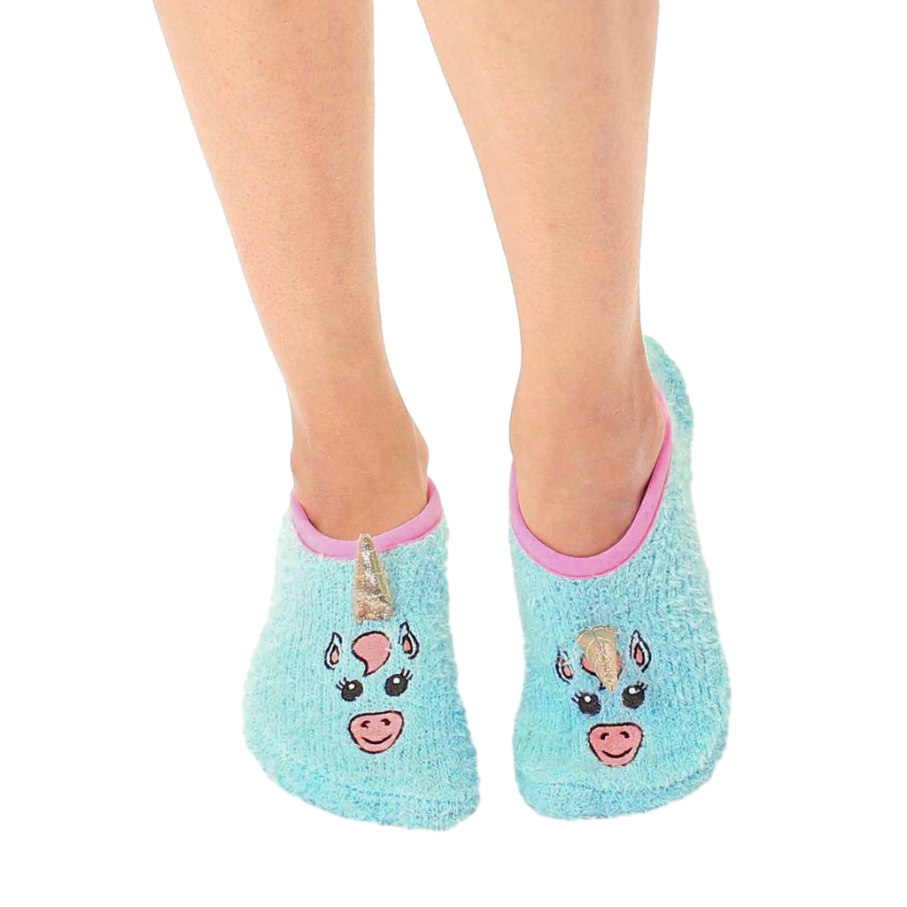 Pair of fuzzy light blue unicorn slipper socks. Pink inner trim and gold unicorn horn accents. Non-skid bottom. [lf]