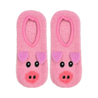 Flatlay product shot of a pair of pink fuzzy pig slipper socks.