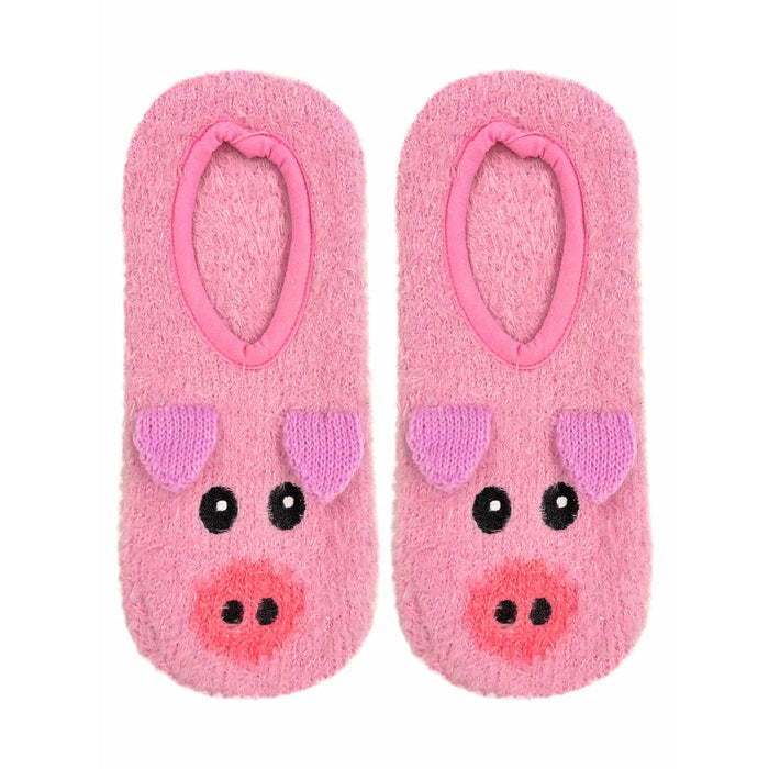 A pair of pink fuzzy socks with pig faces on the toes.