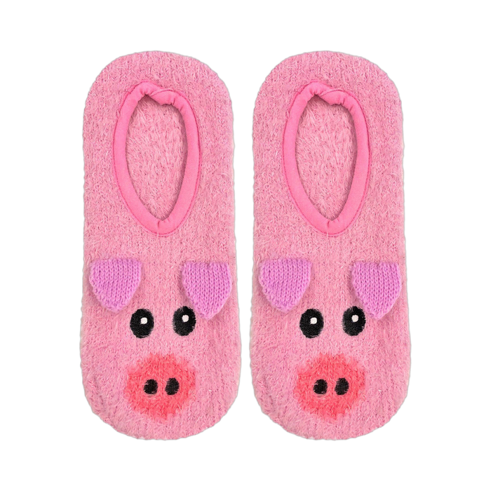 Flatlay product shot of a pair of pink fuzzy pig slipper socks.