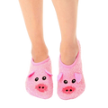 Pair of pink fuzzy slipper socks with pig faces.  Features non-slip grips on the soles. [lf]