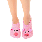 Pair of pink fuzzy slipper socks with pig faces.  Features non-slip grips on the soles. [lf]