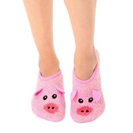 fuzzy pig non-skid slipper pig themed womens pink novelty ankle socks