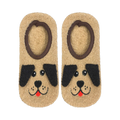Flatlay product shot of a pair of tan fuzzy dog slipper socks.