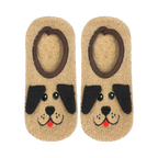 Flatlay product shot of a pair of tan fuzzy dog slipper socks.