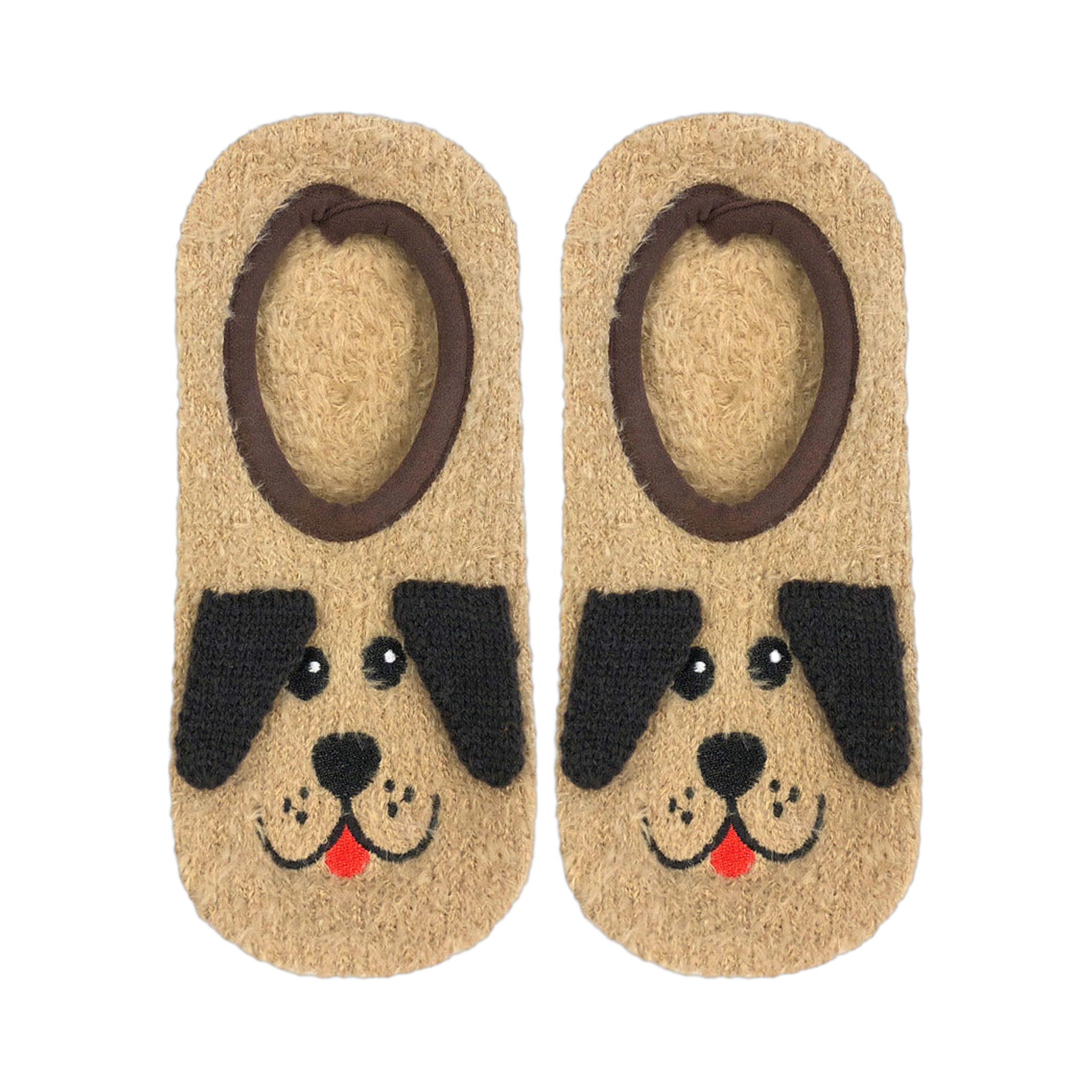 Flatlay product shot of a pair of tan fuzzy dog slipper socks.
