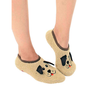 Novelty dog slippers with a brown background and black and red accents. The slippers are designed to look like the face of a dog, with the dog's nose at the toe of the slipper and the dog's eyes and ears on the top of the slipper.