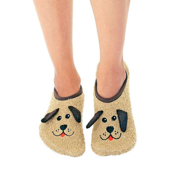 fuzzy dog non-skid slipper socks with black eyes, black nose, red tongue, ankle length for women.   