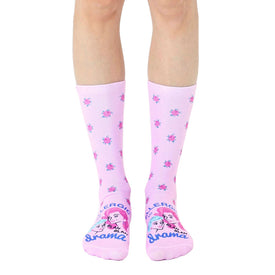 crew length women's socks feature cartoonish blonde woman in a blue shirt with the words "allergic to drama"