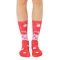 Pair of red crew socks with a playful design.  Features a 'Hot Mess' slogan inside pastel pink speech bubbles, surrounded by clouds and sparkles. [lf]