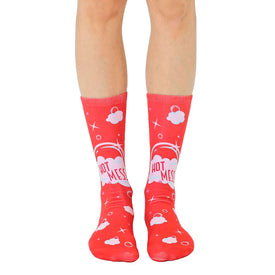 hot mess crew socks in red with white clouds, pink stars, and bubble speech bubble graphic; women's.  