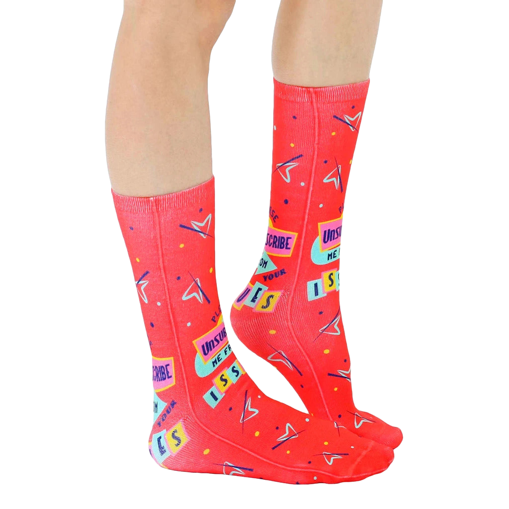 Lifestyle shot showing the 'Issues' socks on a person's feet, showcasing how they look when worn. [lf]