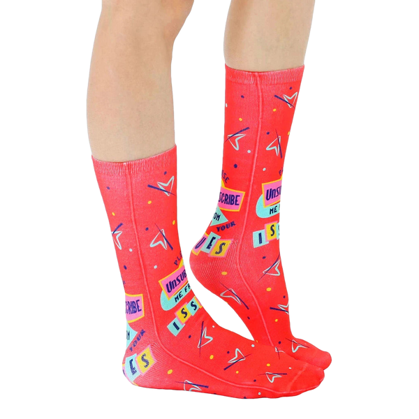 Lifestyle shot showing the 'Issues' socks on a person's feet, showcasing how they look when worn. [lf]