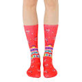 Pair of red crew socks featuring a playful 'unsubscribe from your issues' graphic with 90s-inspired design elements. [lf]