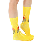 Lifestyle shot showing the socks on a person's legs;  bright yellow socks with sun graphic and phrase. [lf]