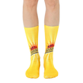 A pair of yellow crew socks with a graphic of a sun and the phrase 'Ray of Fucking Sunshine'. [lf]