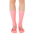 Women's crew socks in pink with white polka dots and a retro illustration of a woman with wine, saying 'Wine Bitch'. [lf]