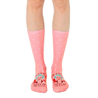 Women's crew socks in pink with white polka dots and a retro illustration of a woman with wine, saying 'Wine Bitch'. [lf]