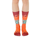 A pair of orange crew socks with maroon flames and 'Sorry I Farted' text in teal. Fun and comfortable!