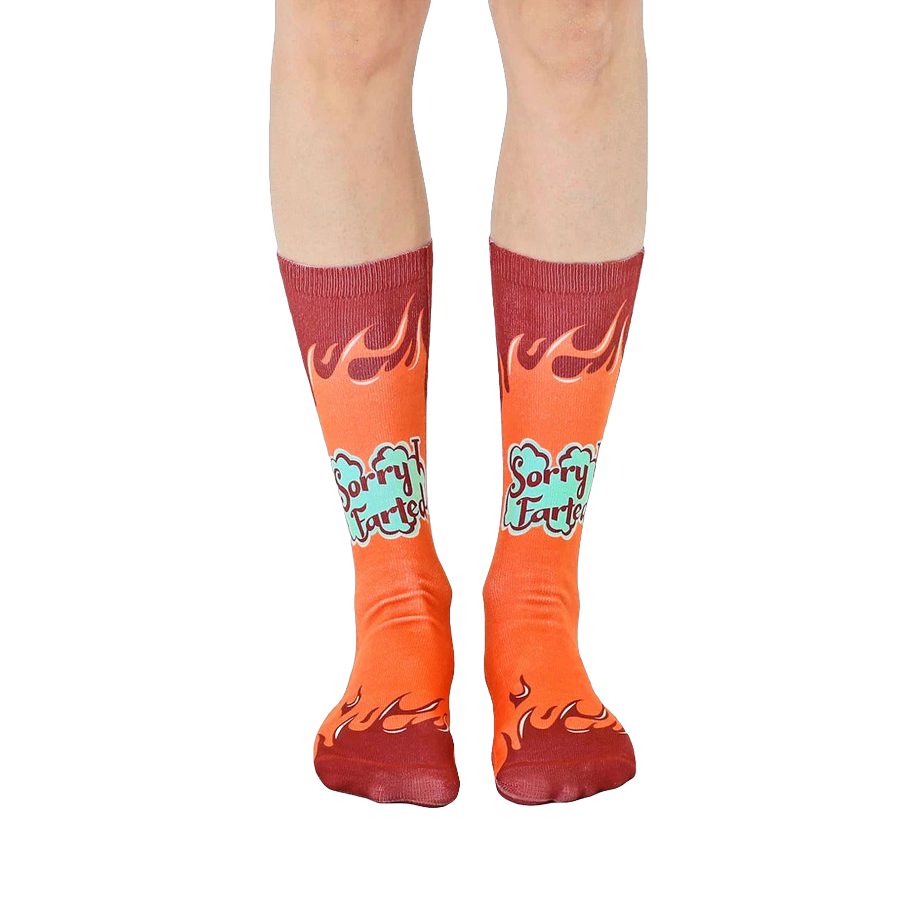 A pair of orange crew socks with maroon flames and 'Sorry I Farted' text in teal. Fun and comfortable!