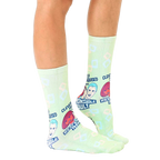 Lifestyle shot of a person wearing the 'Responsible Adult' socks, showcasing the fit and style. [lf]