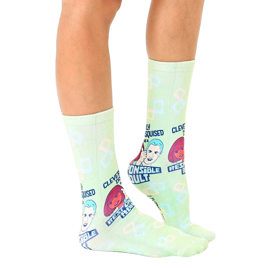 Lifestyle shot of a person wearing the 'Responsible Adult' socks, showcasing the fit and style. [lf]