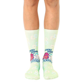 unisex 'cleverly disguised as a responsible adult' crew socks. mint with multicolor squares. thumbs up logo.  