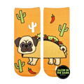 Ankle-high socks in orange. The design features a pug dressed as a taco, cacti, and chili peppers.  It glows in the dark! [lf]