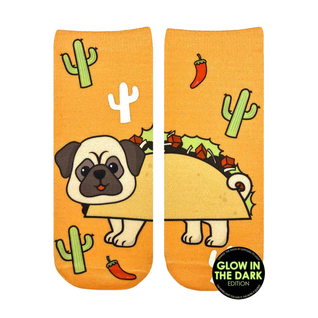 Ankle-high socks in orange. The design features a pug dressed as a taco, cacti, and chili peppers.  It glows in the dark! [lf]