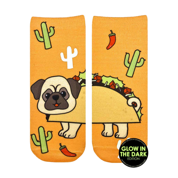 Ankle-high socks in orange. The design features a pug dressed as a taco, cacti, and chili peppers.  It glows in the dark! [lf]