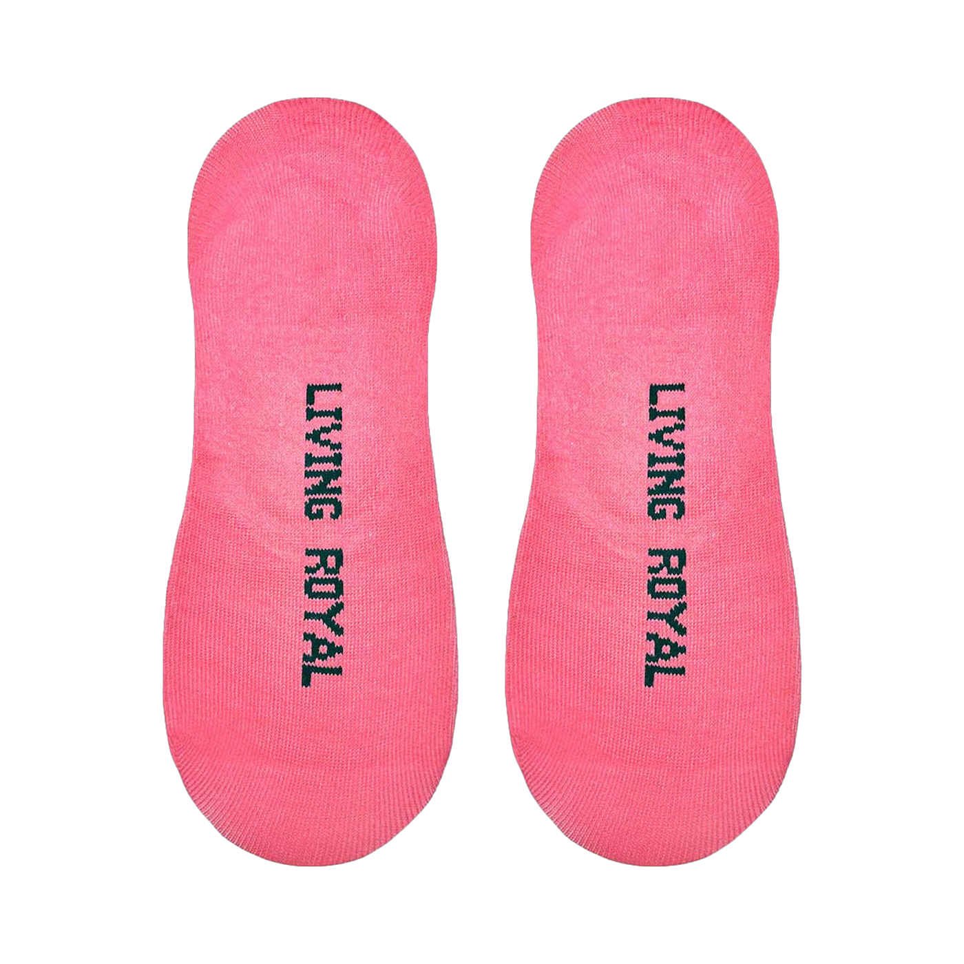 Flat lay product shot showing the bottom of the pink no-show socks with 'Living Royal' printed on the soles.