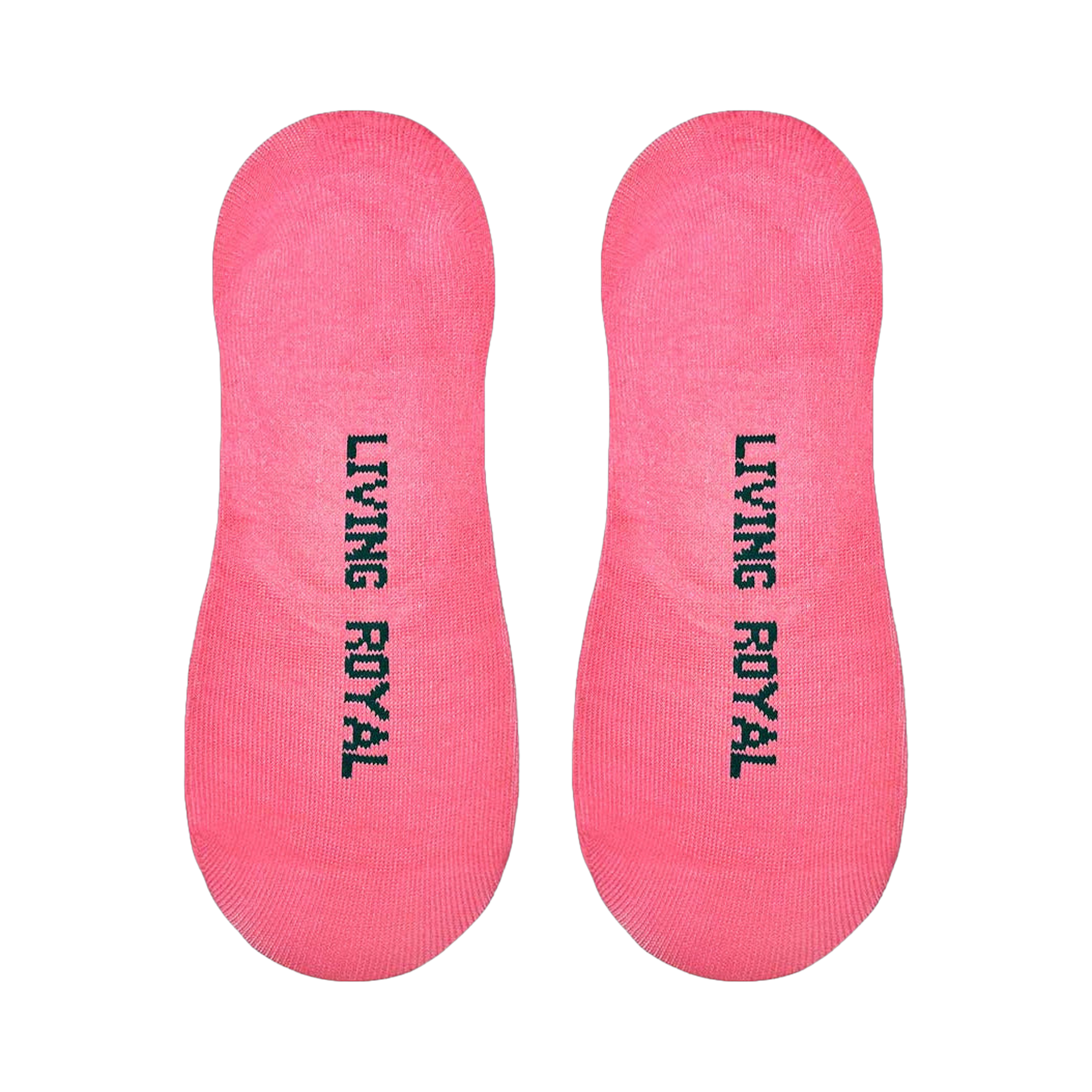 Flat lay product shot showing the bottom of the pink no-show socks with 'Living Royal' printed on the soles.